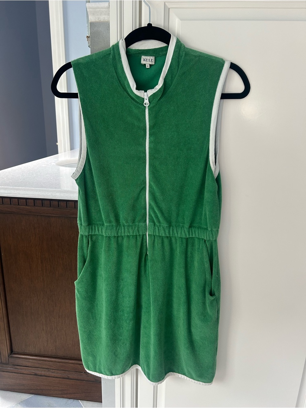 KULE Green Terry Zip-Front Mini Dress with White Trim